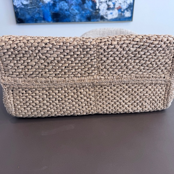 Clare V. Simple Woven Raffia Tote Bag with Yellow Straps and Denim Interior - Picture 5 of 10